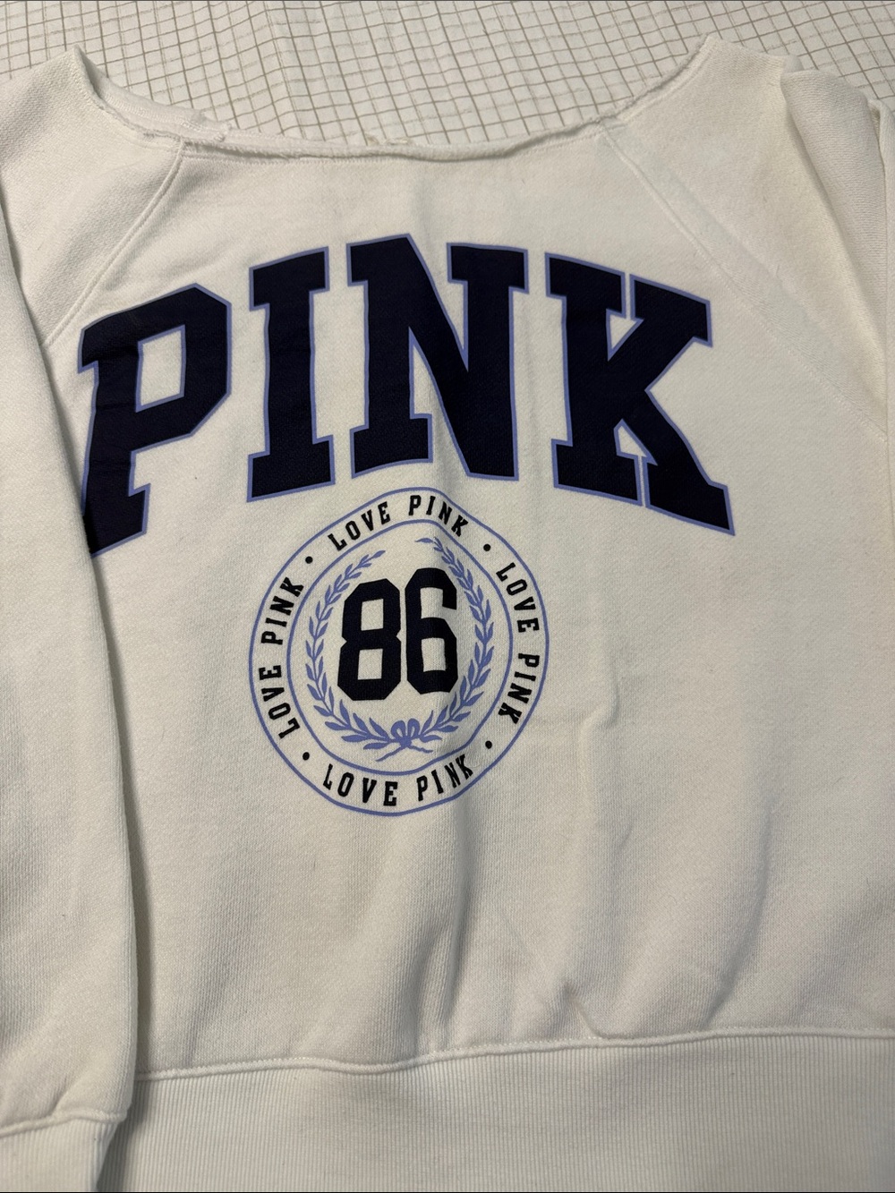 PINK Victoria's Secret White Sweatshirt with Navy Logo - Picture 2 of 3